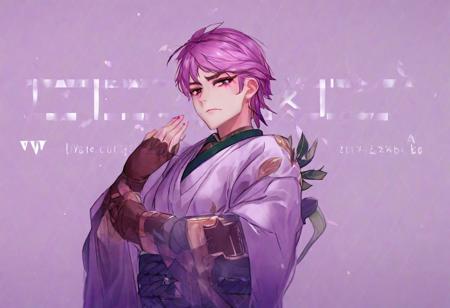 ancient roman clothes, pink hair, standing, interlocked fingers, elbow gloves, v-shaped eyebrows, hand on own face, blood on hands, leaf, copyright name, flying sweatdrops, transparent background, purple lips, ;d, kimono, toned male, axe, from below, braid, bound wrists, scar on face, clothing cutout