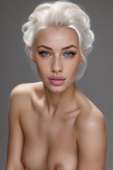 (masterpiece, best quality, (muscular female:1.1), white hair,
A detailed portrait of a young woman exuding elegance and natural grace. She wears a voluminous updo hairstyle with wisps of hair tenderly framing her face. Her hazel eyes are accentuated by tasteful makeup, with a few light freckles across her nose and cheeks. She is nude and  provocative in her pose, The lighting should illuminate her face against a subdued background, emphasizing her calm and confident expression. High Fashion, dynamic, dramatic, elegant, supermodel, avant garde style, whole body