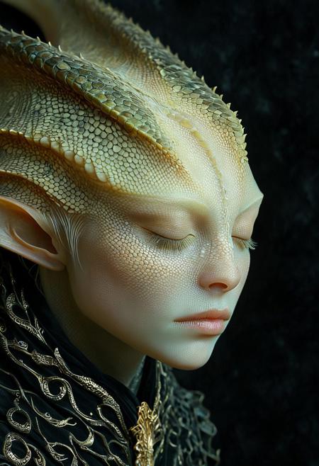 The image is a highly detailed, digital CGI artwork depicting an ethereal, otherworldly being with an androgynous appearance. The subject has a pale, almost translucent skin with a scaly, reptilian texture on the face, similar to a gecko's skin. Their face is elongated with a delicate, almost alien nose and large, almond-shaped eyes closed, giving a serene expression. The eyes have intricate, reptilian patterns around them, enhancing the alien aesthetic. 
The being has two large, curved, horn-like structures protruding from the top of its head, which are a lighter shade of pink with a darker, scaly pattern that matches the face. The ears are pointed and elongated, typical of elven or fae-inspired beings.
They wear an intricate, dark, ornate garment with intricate, swirling gold patterns that seem to be a part of their outfit rather than separate fabric. The clothing appears to be a blend of dark, almost black material with a shimmering, metallic gold overlay, adding to the ethereal, mythical appearance. 
The background is a deep, dark, and mysterious fabric draped in a way that suggests a luxurious, perhaps velvet texture, which contrasts beautifully with the ethereal being.