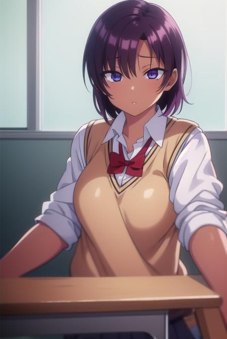 saehinata, <lyco:saehinata-lyco-nochekaiser:1>, 
sae hinata, blue eyes, purple hair, dark skin, dark-skinned female, short hair,
BREAK shirt, bow, school uniform, white shirt, collared shirt, bowtie, red bow, sweater vest, brown sweater,
BREAK looking at viewer,
BREAK indoors, classroom,
BREAK <lora:GoodHands-vanilla:1>, (masterpiece:1.2), best quality, high resolution, unity 8k wallpaper, (illustration:0.8), (beautiful detailed eyes:1.6), extremely detailed face, perfect lighting, extremely detailed CG, (perfect hands, perfect anatomy),