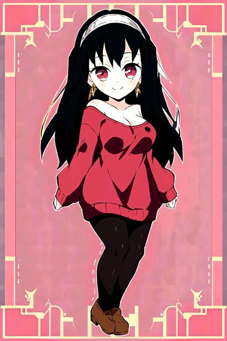 <lora:KnY_ChibiV2:1>, <lora:YorBriar:0.55>, yor briar, 1girl, full body, bangs, black pantyhose, medium breasts, cleavage, gold earrings, gold hairband, jewelry, long hair, long sleeves, looking at viewer, off-shoulder sweater, off shoulder,  red eyes, red sweater, smile, solo, sweater, white hairband