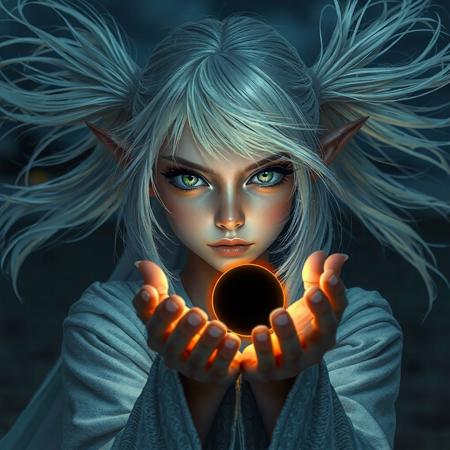 Ultra-realistic, masterpiece,amazing quality, elf girl, green eyes, white hair, twintails, white robe, night, outdoor, black hole in hand, black hole with orange light, holding black hole, blackhole in palm of hands, serious face, determined, windy, hair blowing in wind, strains of hair in face,
beautiful eyes, capturing emotion, personality, flattering lighting, professional, perfect hands, engaging, compelling composition, detailed skin, detailed face, detailed hands, upper body, cupped hands,