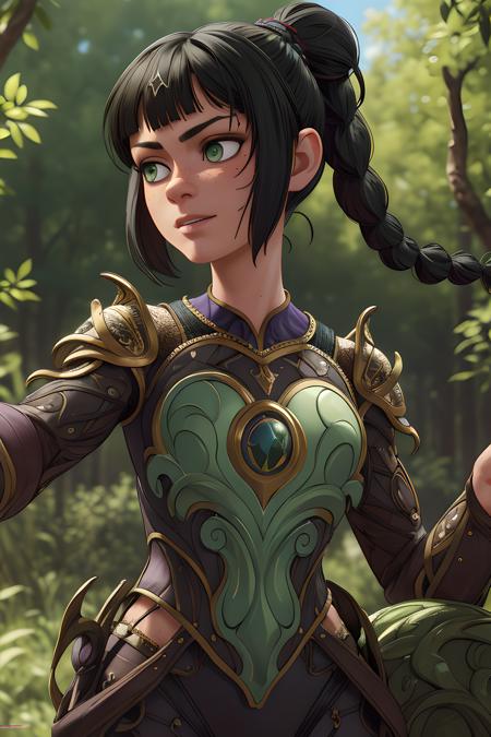 Masterpiece, best quality, absurdres, high res, intricate detail, high detail, cinematic lighting, fantasy 1girl, supermodel, shadowheart, black hair, braided ponytail, green eyes, extra detailed eyes,
upperbody, armor, move, light rays from top, shining eyes, forest
<lora:Shadowheart__Baldurs_Gate_3:0.6>, illustration of a anime girl imagination, hyperrealistic photo by Seebas Apterus and Larry Bell art, blending, smooth, detailed expressions, artstyle, detailed eyes, HDR, UHD, 64k, RTX, sharp, sharp focus, highly detailed, intricate detail, professional, artistic flow, ultra detailed, high resolution photography, (bright colors)