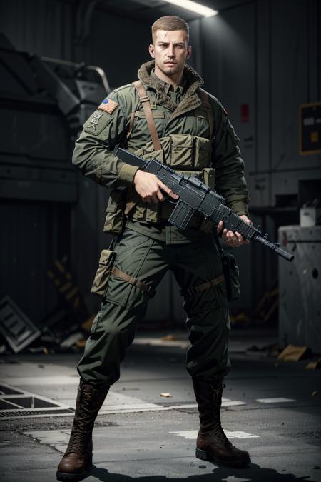 WolfenBlazkowicz, 1boy, weapon, solo, gun, male focus, boots, military, facial hair, uniform, military uniform, holding, beard, holding weapon, assault rifle, rifle, blurry background, standing, blurry, holding gun, combat boots, full body, realistic
<lora:epi_noiseoffset2:1>,  <lora:WolfenBlazkowicz:0.7>