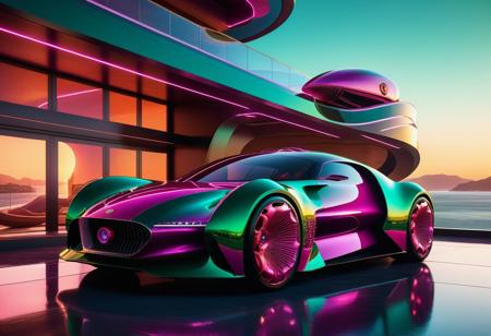 Surrealism, Futuristic fantasy concept art. Wide shot. A highly advanced futuristic car with seahorse-inspired doors, on intricate architecture along a coastal metropolis. Wide-angle lens. Inspired by the art of Syd Mead. Vibrant seahorse-shaped airships floating above the city, fantastical glowing accents, hyper realistic reflections on polished surfaces. Warm sunset lighting with a magenta and emerald green color scheme. 8k resolution, crazy details, trending on Artstation, Unreal Engine 5 quality, cinematic, highly intricate, mesmerizing, extremely detailed.