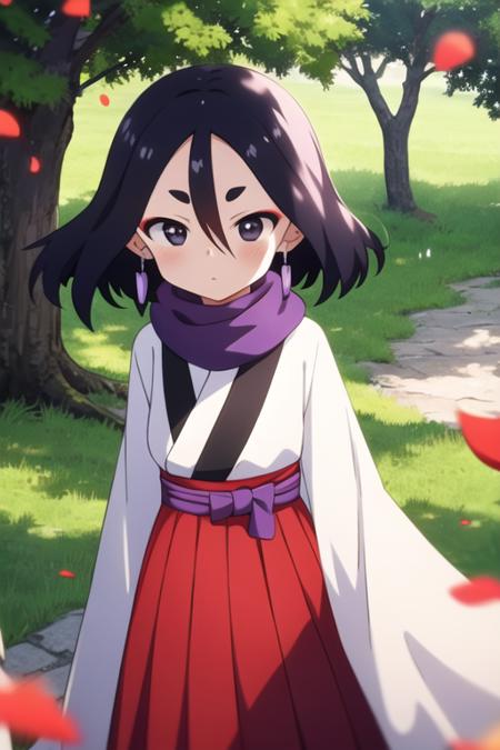 masterpiece, best quality, <lora:kunoichi_fuki:0.7> 1girl, solo, black eyes, black hair,  hair between eyes, short eyebrows, earrings, red skirt,  white kimono, purple scarf, sash, long sleeves, wide sleeves, outdoors, tree, falling petals