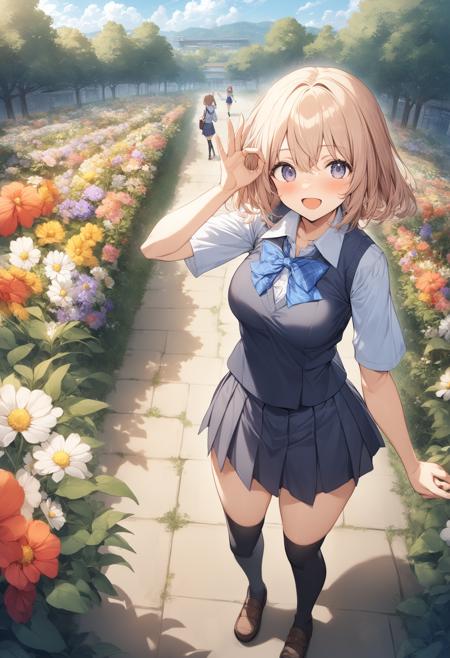 1girl, <lora:sdxl2-flat2-512b:-1>,medium breasts,school uniform,
<lora:oksignXLv1:0.6>,ok sign, from above, wide shot, looking to the side, laugh, flower garden, open mouth,
best quality,medium quality,