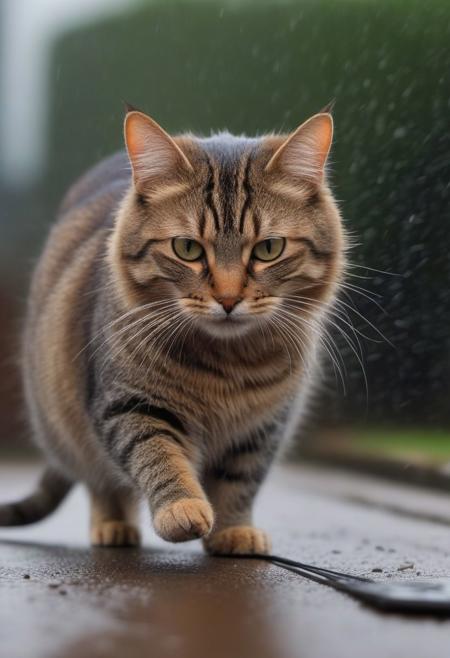 high resolution, a beautiful cat walking toward the owner, Carling a Mouse in a trap, in the mouth. Mouse, trap, mouth. the rain falling outside, animal portrait, side view, soft silky fur