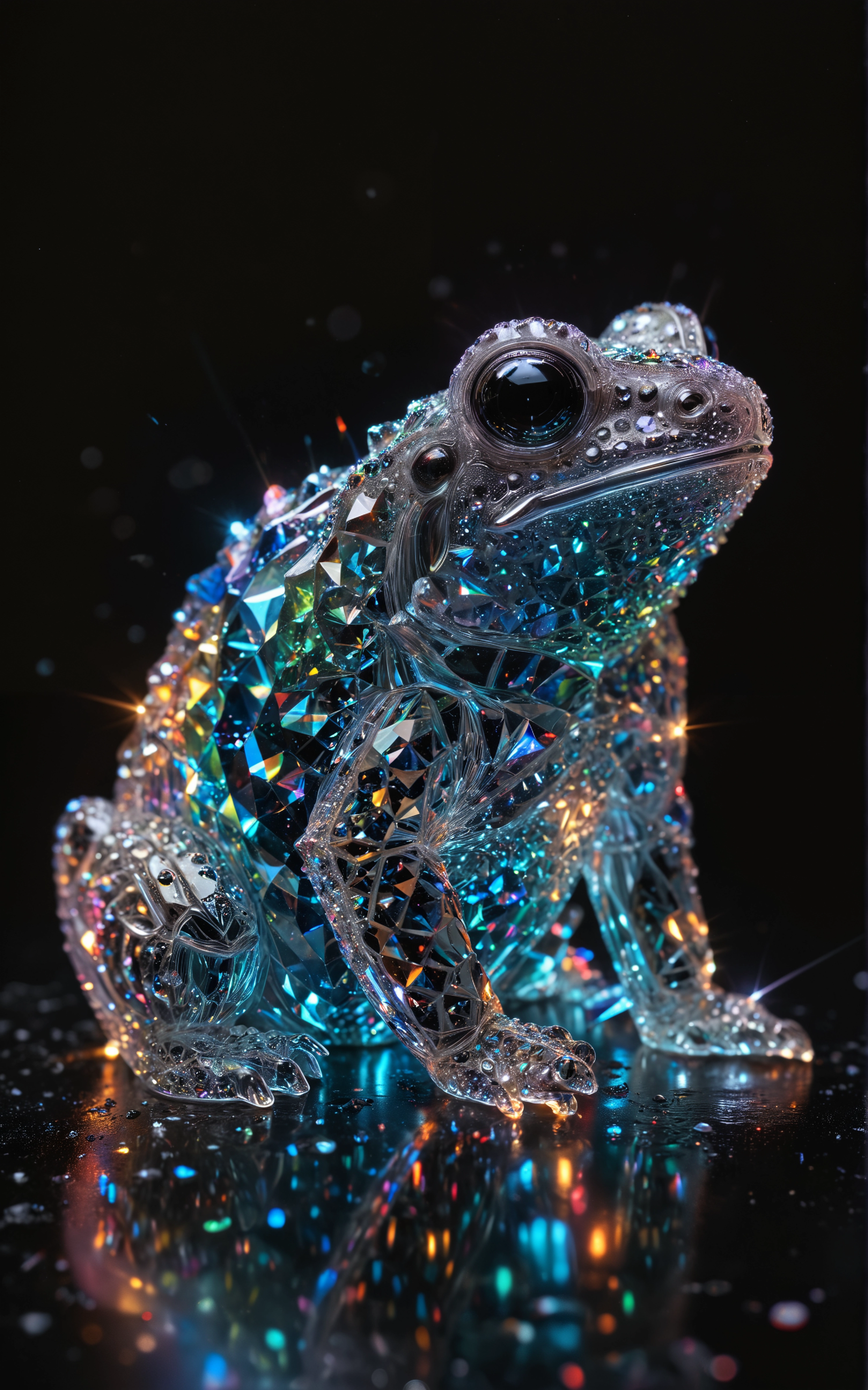 Crystal toad, rainbow, neon glow, reflection, black background, light bleeding, sparkle, flare,