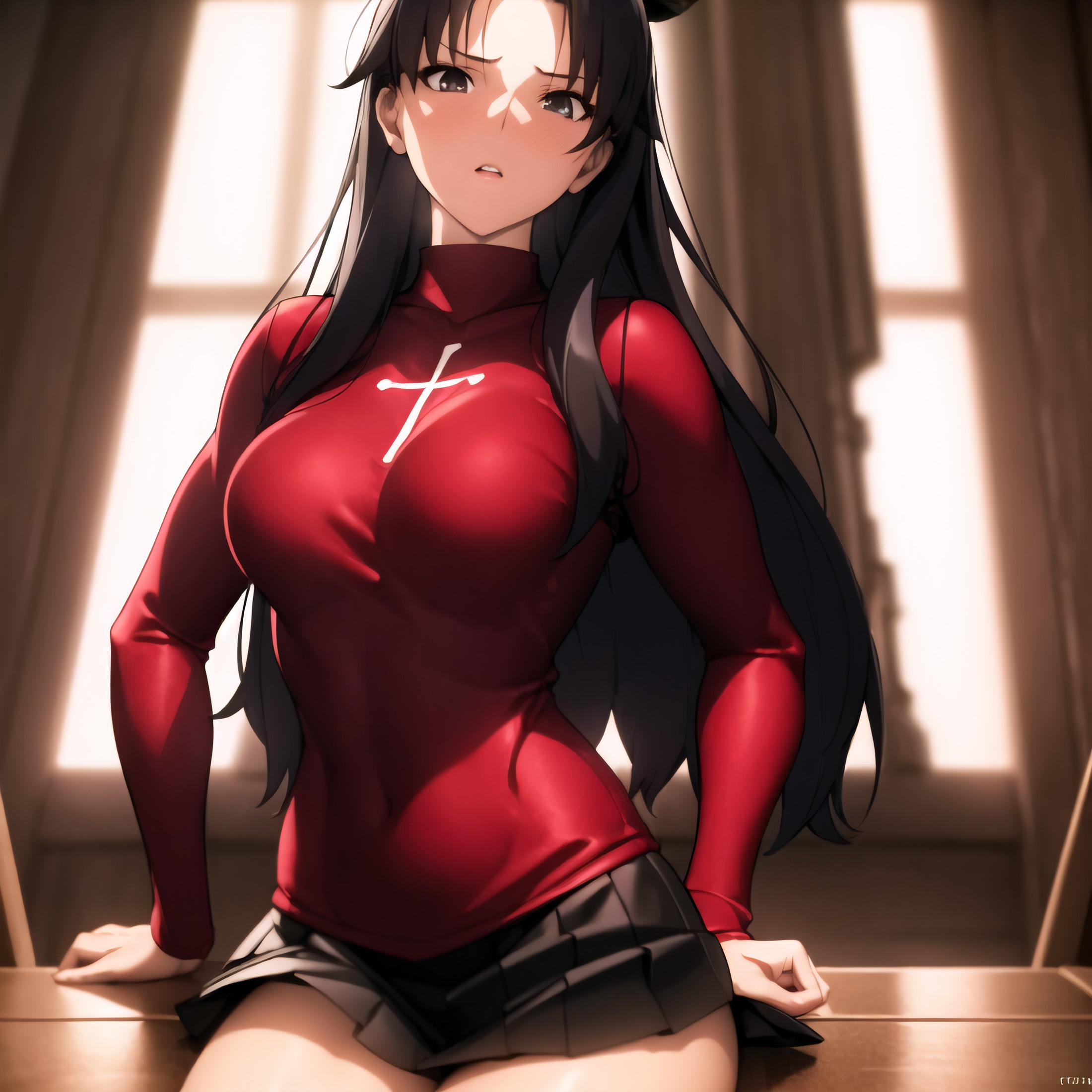 <lora:Tosaka:0.5>, 
young woman,red turtleneck:1.2, cross bait on the chest, black skirt, black stockings, black hair, nig...