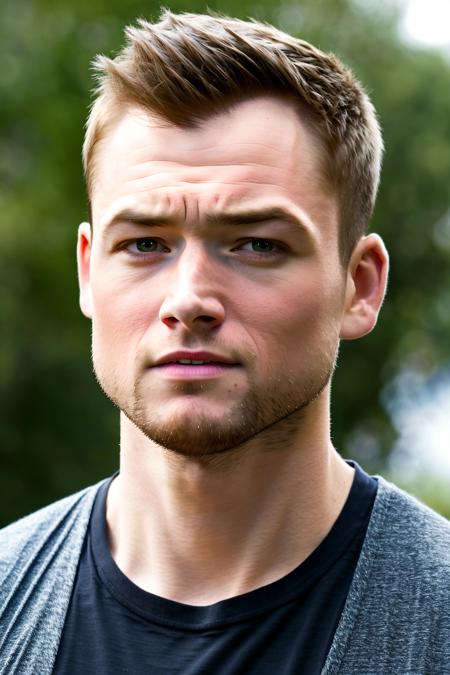 portrait, a handsome guy, masculine, realistic, upper_body, (masterpiece, best quality:1.5), face focus, blurry background, raw photo, wear tank top, 1man, (best quality:1.5), TaronEgerton, taronegerton focus, <lora:Taronegerton:0.8>, simple background, outdoors, (masterpiece,best quality:1.5)