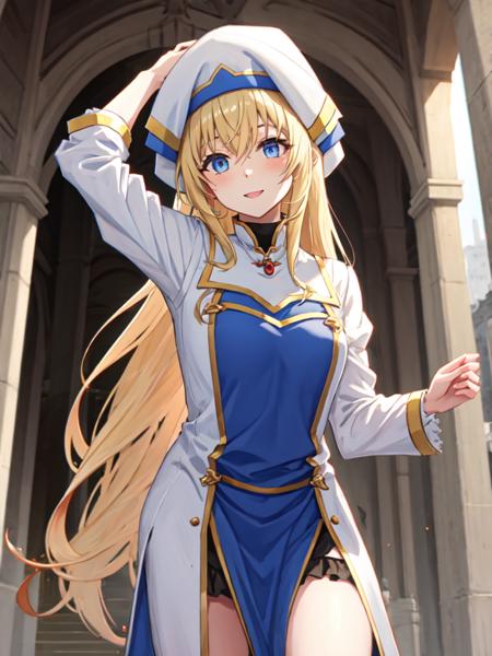 priestess \(goblin slayer\), blonde hair, long hair, blue eyes white headwear, dress, long sleeves, hat, thighhighs, thigh boots, holding staff, staff