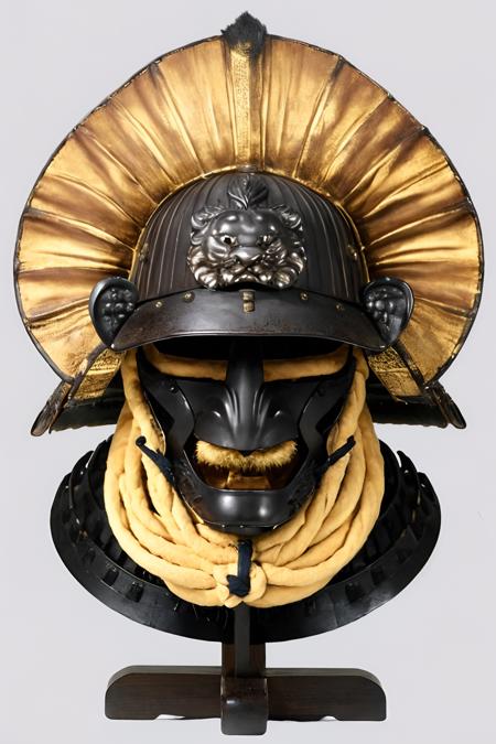 kabuto \(helmet\), simple background, no humans, samurai, (lion:1.2), rope, helmet stand