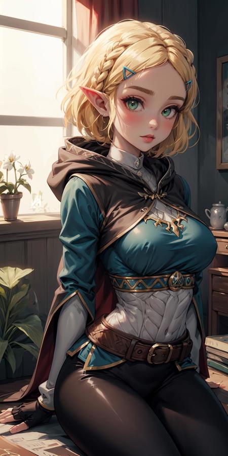 <lora:GAME_princess_zelda_aiwaifu:0.9>, princess_zelda_aiwaifu, aiwaifu, pointy ears, braid, hair ornament, hairclip, gloves, fingerless gloves, blue shirt, shirt, long sleeves, crown braid, bangs, pants, black gloves, green eyes, parted bangs, black pants, short hair, long hair, cape, sidelocks, hood, thick eyebrows, jewelry, hooded cape, belt, tight pants, tight, large breasts, puffy sleeves, indoors, wariza,sitting,