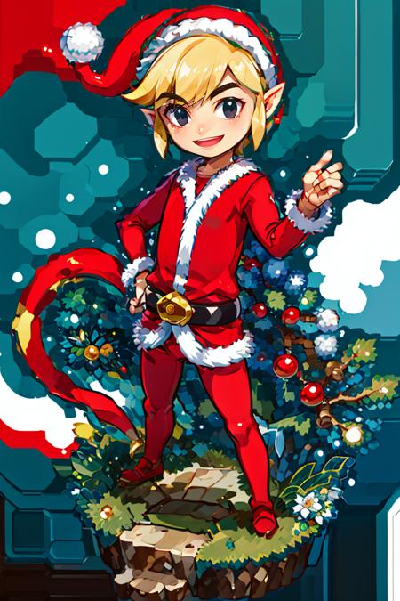 <lora:Harada_Takehito_Background_Dim32:0.8>,((masterpiece,best quality)),  <lora:Toon_Link_Zelda_v2:0.8>, Santa_Link, black eyes, solo, 1boy, santa outfit, belt,  solo, smiling, standing, looking at viewer,