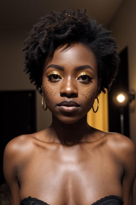 an eye contact of a Ugandan woman, (black skin:1.3), yellow spotlight, dark theme, lonely, Lavish, Matte black eyeshadow with a cut crease, metallic lipstick, golden ratio, Almond-shaped eyes, Freckles, indietronica, soft lighting, bokeh