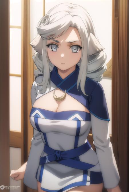 munechika, long hair, animal ears, white hair, (grey eyes:1.5), drill hair, sidelocks, cleavage, dress, crescent,