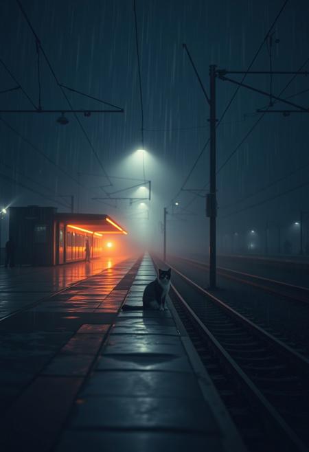 (Soft Lighting Photography by Mimoza Veliu and Mario Giacomelli:1.2),  a cat
sitting, train station platform, high train station, night sky, surrounded by mist and light rain, fog, (orange neon lights), wet surfaces, railway tracks, utility pole, power lines, 
melancholic atmosphere, cinematic composition, loneliness, soft lighting, moody
wide shot,