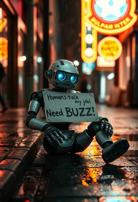 Sad robot sitting on street with sign "Humans took my job! Need BUZZ!". Wet street, night, neon lights, raining, worn look, rusty.