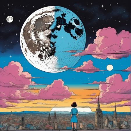 Chaotic stunning  city, night sky, moon, full moon, , illustrated by hergé, style of tin tin comics, pen and ink. vintage 90's anime style, colorful clouds, symmetric, dark sky, 
1girl,  looking back ,
