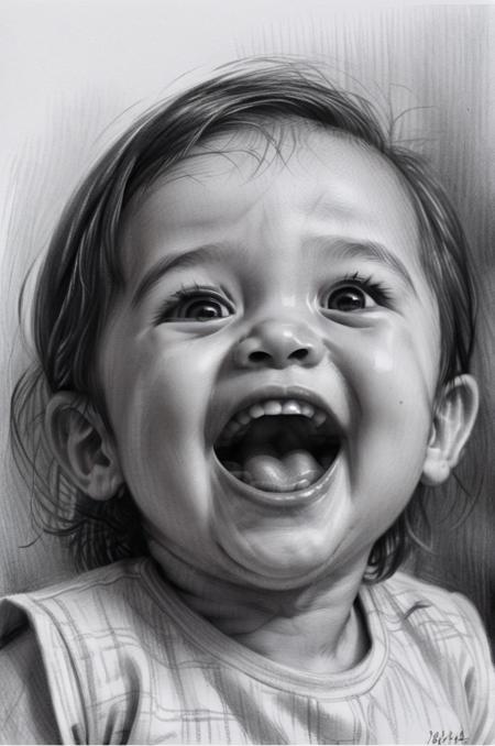 Monochrome pencil sketch
<lora:PE_PencilDrawing:0.78> PEPencilDrawing,
In this monochrome pencil drawing and shading, a joyful 1-year-old Tamil infant baby girl giggles gleefully, her laughter echoing like music in the air. The artist skillfully captures the soft, smooth texture of the toddler's skin with delicate, light strokes, creating a sense of innocence and purity. The intensity of the pencil strokes varies, with lighter strokes used to depict the soft contours of the baby's cheeks and chubby arms, while slightly bolder strokes define the outlines of her features. As the baby laughs, her giggles are rendered with dynamic, energetic lines that dance across the page, conveying the playful spontaneity of childhood. With meticulous attention to detail, this drawing celebrates the boundless joy and exuberance of infancy, inviting viewers to share in the warmth and happiness of the moment.
 <lora:RPGShadowXL:0.6>rpgshadow,   <lora:JuggerCineXL2:1> <lora:rpg_portrait:1>, RPG PORTRAIT