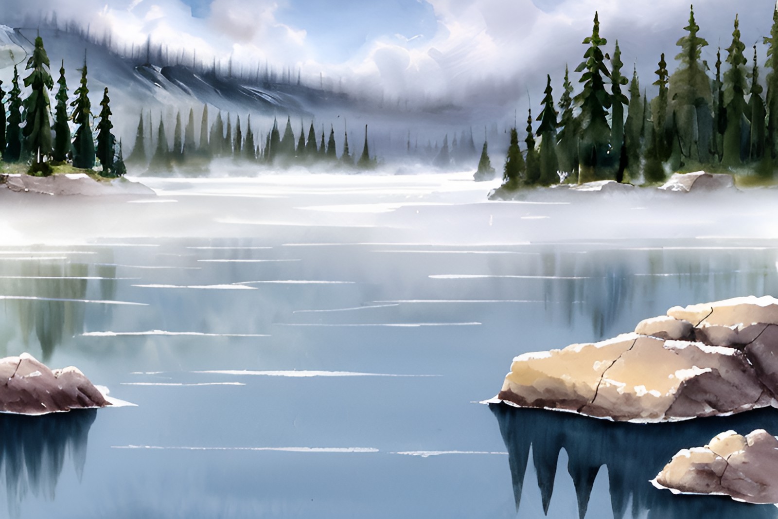 wat3rc0l0r, wc_soft_washes, wc_wet-on-wet, scenery, lake with rocks, forest, mountain, reflection, fog, background white p...