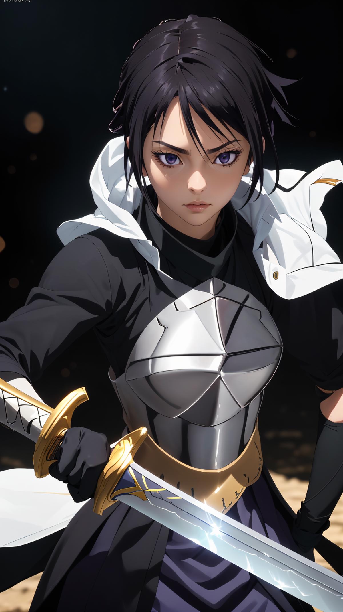 Anime character wearing a metal armor and holding a sword.