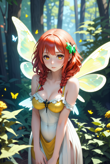 digital painting, volumetric lighting, cinematic color grading, 1girl, woman, goldenrod skin, f/1.4 lens, bokeh, tiny Lemon fairy queen,insect wings, see-through gossamer, worried, bombshell hair, red hair, multcolored hair, thicc athletic build, small breasts, albino, Floating Islands<lora:EnvySendNoodzXL01:-1>