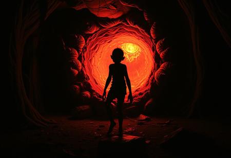 An eerie, surreal scene captured as if it were trail cam footage, depicting a strange, hairless figure stepping cautiously in front of a grotesque, inflamed conduit that seems to pulse with hunger and life. The composition blends the rich, detailed chiaroscuro of Dutch Golden Age painting with the exaggerated, stylized expressions of manga, creating an unsettling contrast between realism and the fantastical. The figure is bathed in moody shadows, with intricate, almost gothic detailing reminiscent of Harry Clarke’s haunting illustrations, while the conduit glows with a menacing, otherworldly light. The scene captures a dark, foreboding moment, filled with tension and mystery.