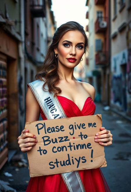 A strikingly beautiful woman, embodying elegance and charm, styled as Miss Hungary in a glamorous red evening gown with a sparkling silver sash that reads “Miss Hungary.” She is standing on a dilapidated urban street at dusk, holding a worn and slightly rotten cardboard sign with bold handwritten text: “Please give me Buzz to continue studies!” Her expression is a mix of hope and determination, her makeup impeccable but subtle, with a soft blush and bold red lips. The background is a mix of faded buildings and graffiti, adding contrast to her radiant appearance, evoking a sense of resilience amidst adversity. The lighting is soft and cinematic, casting a gentle glow on her figure.