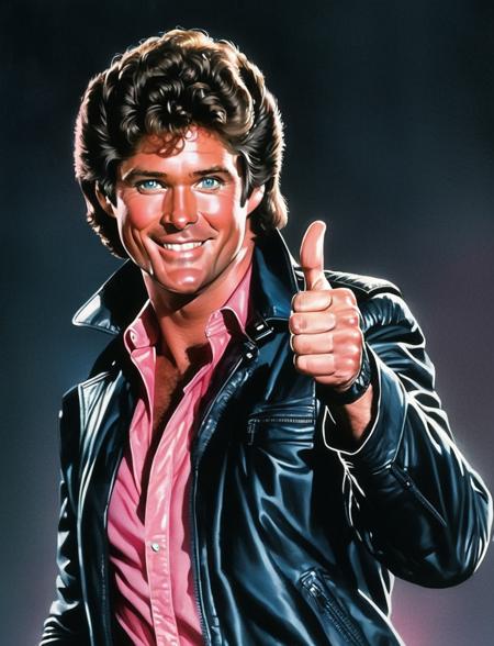 michaelknight low color drawing of a man wearing black leather jacket and pink shirt, smiling and giving thumbs up, high quality, high resolution, manga art style <lora:hjmichaelknight_v10xl:0.8>