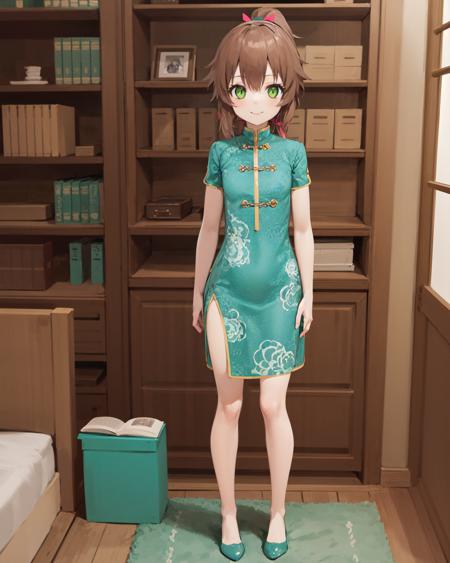 best quality, (masterpiece:1.2), illustration, absurdres,
(1girl), (solo), (beautiful detailed girl),  full body shot,
<lora:TowaQipao-08:0.8>, Towa Herschel, brown hair, ponytail, hair ribbon, green eyes, petite, small, short, flat chest, small breasts,
chinese clothes, green dress, green shoes,
looking at viewer, smile,
inside bedroom, bed, bookcase, table,