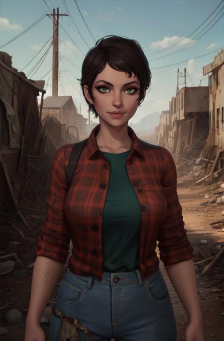 curie, short hair, black hair, green eyes, smile, 
red flannel, jeans, dirty clothes, 
wasteland, lake, 
standing, upper body, 
(insanely detailed, beautiful detailed face, masterpiece, best quality),  <lora:curie:0.8>