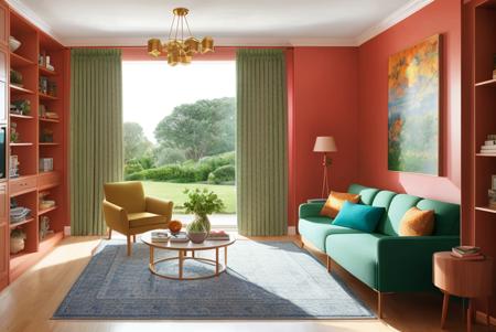 (Vector image:1.3) of archmagazine 3d render of a living room interior, no humans, curtains, window, indoors, living room, scenery, door, sink, refrigerator, chair, hidden object games, concept art, perfect composition, award-winning photo, architectural digest magazine cover,(Flat style:1.3),Illustration,Behance