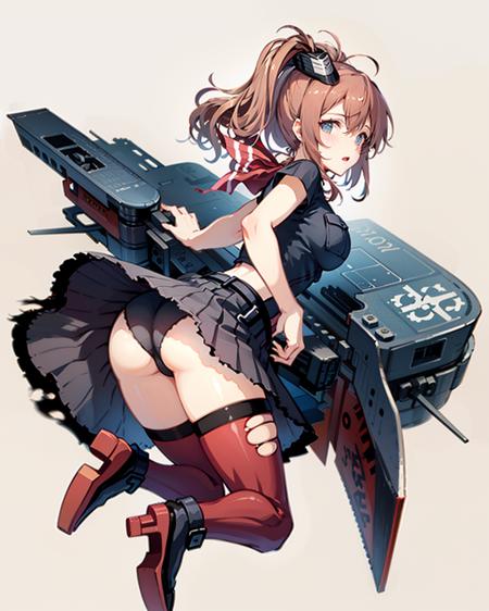 masterpiece, best quality,  (1girl, solo), (simple background,white background:1.3), (straight-on:1.5), solo focus,blacksara, 1girl, solo,wariza from back,(red thighhighs),breasts, magazine (weapon), torn clothes, large breasts, flight deck, red neckerchief, full body, defeat, black dress, breast pocket, ass, neckerchief, looking at viewer <lora:saratoga-000008:1>