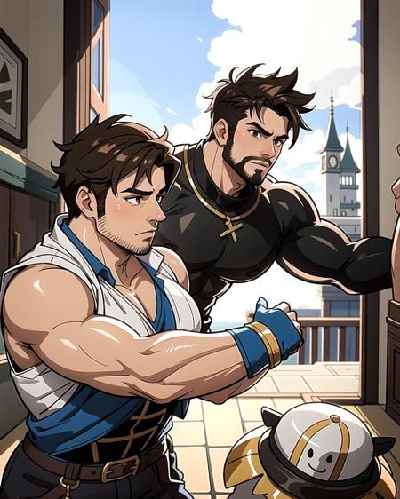 ((masterpiece), best quality, high quality, professional quality, highly detailed, highres, perfect lighting, natural lighting), (1boy, muscular, handsome, no facial hair, short hair, brown hair), wearing fantasy clothing, fighting, in a fantasy town