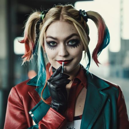 High res portrait photo of an actress dressed as Harley Quinn, f /2.8, Canon, 85mm,cinematic, high quality, skin texture, looking at the camera,  <lora:gihadid_xl_1_standard-000094:1>