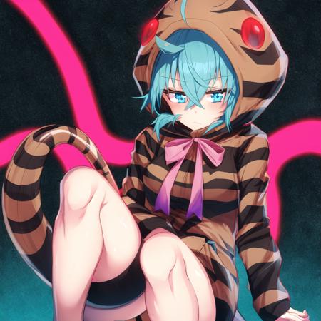 tsunsnek, 1girl, solo, hood, hoodie, snake tail, aqua hair, long sleeves, striped hoodie, striped tail, short hair, pink neck ribbon, bangs, hair between eyes, hood up, geta, blue hair, aqua eyes, bare legs, blue eyes, crossed bangs, ahoge, detailed shading, detailed ambient light