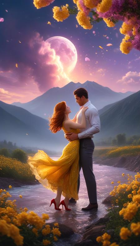 A hyper-detailed, realistic image of a couple mid-lift in a romantic dance pose, set in a dreamlike landscape of glowing flowers. The woman is suspended elegantly, her golden-yellow dress shimmering with intricate details, and her red heels gleam as her auburn hair cascades around her. The man, strong and poised in a fitted white shirt and dark trousers, lifts her effortlessly, their bodies exuding passion and grace. In the foreground, two glowing lilac flowers throw their pollen into the breeze, while a river meanders through the explosion of colorful blooms in the background. Towering mountains rise in the distance, and the night sky swirls with clouds forming a tornado around the radiant full moon, casting an ethereal light over the scene