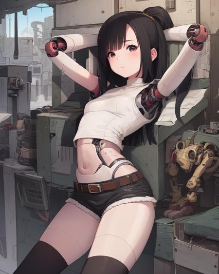 <lora:Sukabu:1>
1girl, solo,  android, robot joints, mechanical parts,  crop top, short shorts, thighhighs, belt