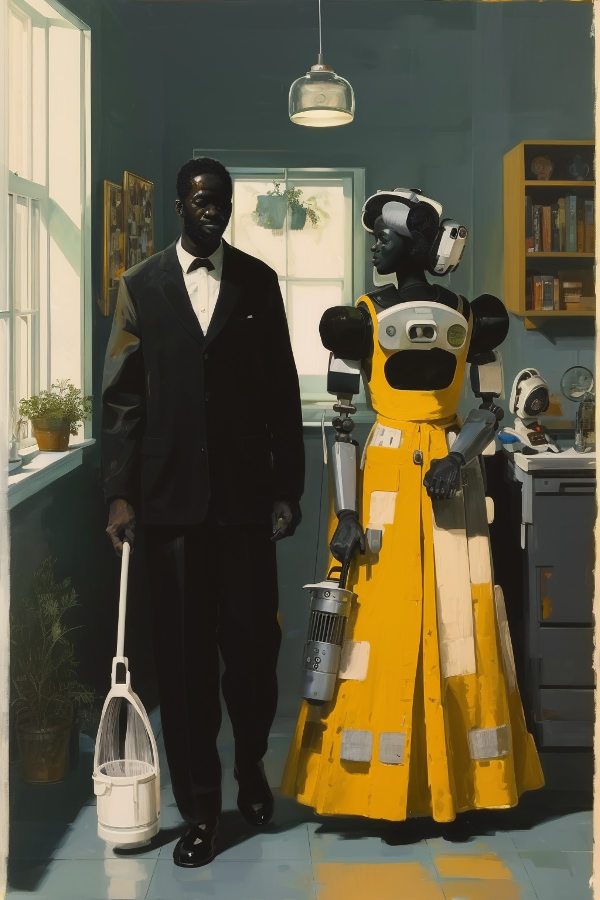 masterpiece,best quality,<lora:tbh268-:0.8>,illustration,style of Kerry James Marshall portrait of Housework robots