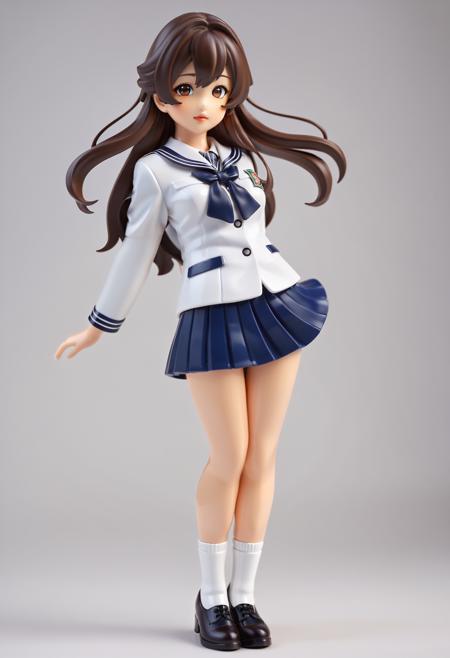 1girl, (asian:1.25) girl, figurine, anime style, dark brown hair, detailed hair, volume hair, radiant eyes, realistic, pretty face, detailed lips, glossy skin, simple background,  highly detailed School uniform, cute seakers, playful pose,