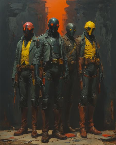 style in the style of John Hoyland and  Chris Ware, bounty hunters dark west comics, Edward hopper overwatch style, character sheet, fine definition, polished, western, D&D, bright colors, adventure, Cinematic&D