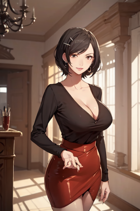 AriaNaSharehouse, 1girl, solo, short hair, skirt, large breasts, black shirt, black hair, long sleeves, cleavage, brown eyes, jewelry, collarbone, earrings, hairclip, miniskirt, red skirt, pencil skirt