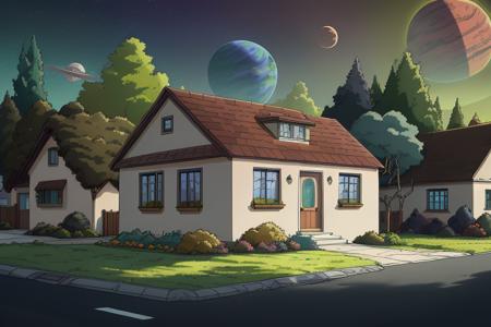 small home in a suburban neighborhood, on an alien planet, garage, hedges, alien trees, homes in the background, planet in the sky, 8k, uhd, masterpiece, highest quality