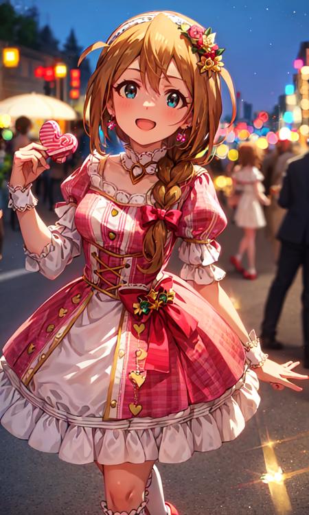 konomi baba \(million live\),1girl, solo, single braid,hair over shoulder, (best quality, 8K, masterpiece, ultra detailed:1.2),
valentine,street,people,crowd,night, gradient sky, blurry, sparkle, light particles, 
hairband, earrings, frilled dress, long puffy sleeves, jewelry, pink dress, white socks, high heels, red footwear, ribbon, (cowboy shot)