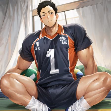 daichi sawamura, solo, 1boy, muscular male, volleyball uniform, shirt, thick thighs, short sleeves, diving, sweating