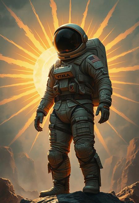 An astronaut in a tattered space suit, standing tall as  sunburst rays explode behind them, conveying a sense of futuristic propaganda, epic fantasy realism meets social muralism, painterly digital textures with expressive brushwork, mythological figures in symbolic narratives, dramatic lighting with earthy tonal palettes, heroic fantasy characters within allegorical scenes, detailed composition, narrative-driven art, mystical world-building blended with human struggle, bold gestures, socially charged imagery, magical realism with classical undertones, mural-inspired depth, glowing atmospheric elements, textured backgrounds with sculptural forms, fantastical storytelling fused with social commentary
