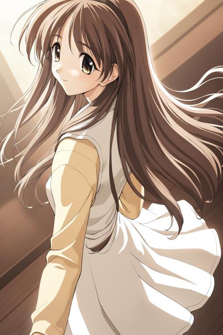 1girl,ayaka hizuki,white dress,pale yellow long-sleeve,black hairband,solo,smile,dutch angle,masterpiece,best quality,game cg,(illustration:1.2),(extremely fine and beautiful),(perfect details),(unity CG 8K wallpaper:1.05),(ray tracing),(beautiful and clear background:1.25),(depth of field:0.6). (detailed beautiful eyes:1.2),(beautiful face:1.2),(hair blowing with the wind:1.1),from side,look back,<lora:AyakaHizukiXL:1>,