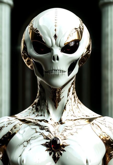 1000x1500, 1000 x 1500; Upper body portrait, in the style of dark white and light bronze, gold filigree, fierce alien priest on an alien planet, adorned with garnet and bloodstone gemstones, standing in ancient white marble temple, extremely detailed head and face, (eye contact with viewer), hyper detailed, hyper quality, artstation award winner, Epic realism, meticulous masterpiece, epic action, cinematic, award winning artwork, many details, patterned illumination, bad VHS tape image artifacts, 1000x1500. All surface textures are highly realistic and varied, even on the same surface, showing the attention to detail of reality, and the painstaking time taken to craft this image. All textures are in some areas slightly more or less sparse and varied to ensure a realistic appearance, and this level of care applies to every centimeter of the picture. In reality, things are rarely perfect, and flaws are considered beautiful, and this composition embraces and uses these flaws to create truth. From the varying textures of surfaces, each one bringing something new and unique to the composition, and the imperfections or random variation in anatomical configurations, each things is perfect in its imperfection, telling a story of in its textures and complexity, 1000 x 1500. The most compelling work of art ever produced, every intricate detail holding a narrative or philosophical concept that entrances. midjourneyv6.1